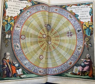 Een ingekleurde gravure van het Copernicaans systeem