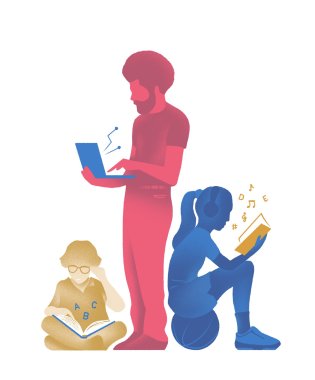 Illustratie van 3 lezende personen: een kind op de grond met een boek, een volwassene staand in het midden met een laptop en rechts een jongere, zittend op een bal, luisterend naar muziek.