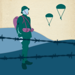 Illustratie met silhouetten van soldaten, prikkeldraad en parachutes